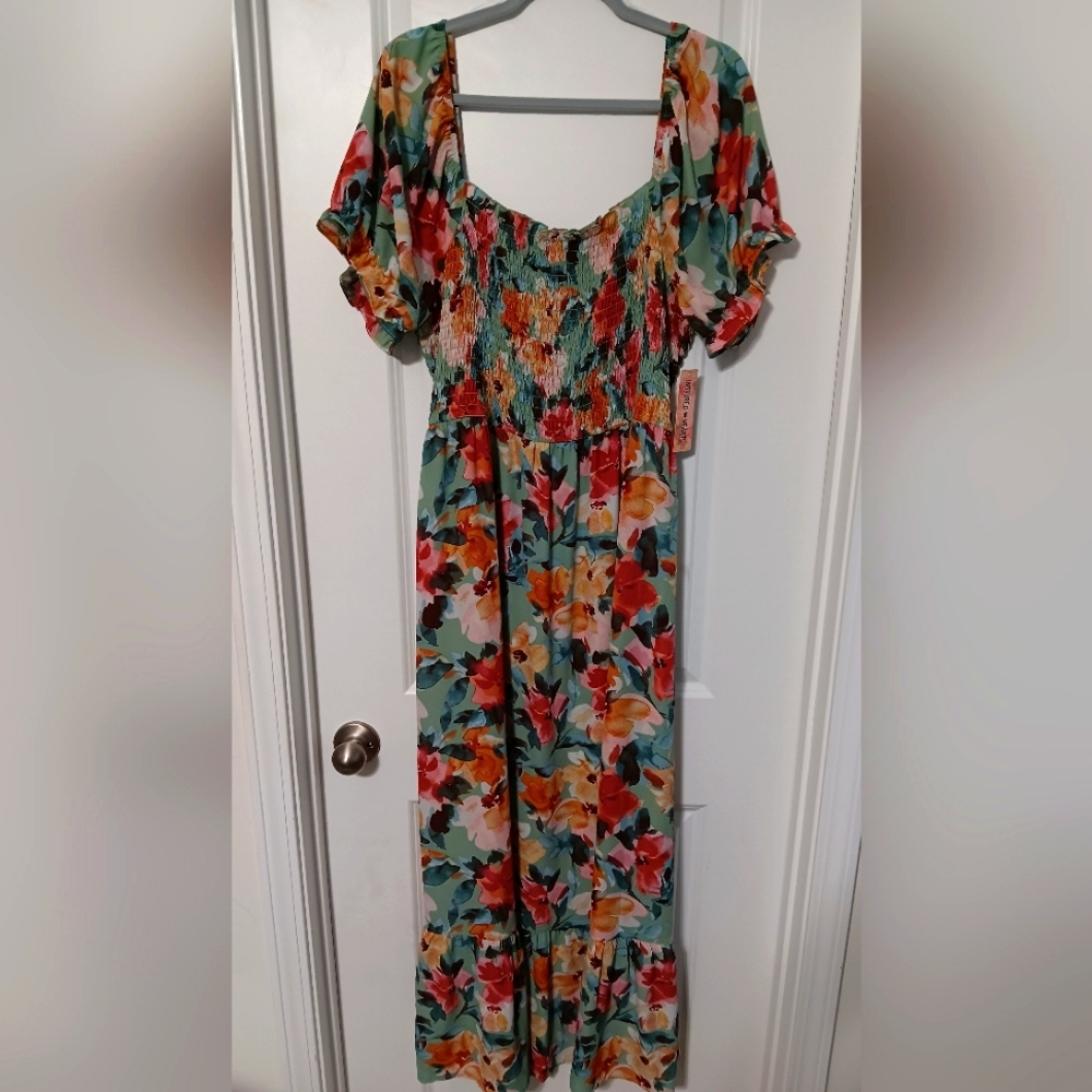 3X Olive 🫒 Green & Burnt Orange 🍊 Floral Short Sleeve Maxi Summer Dress
